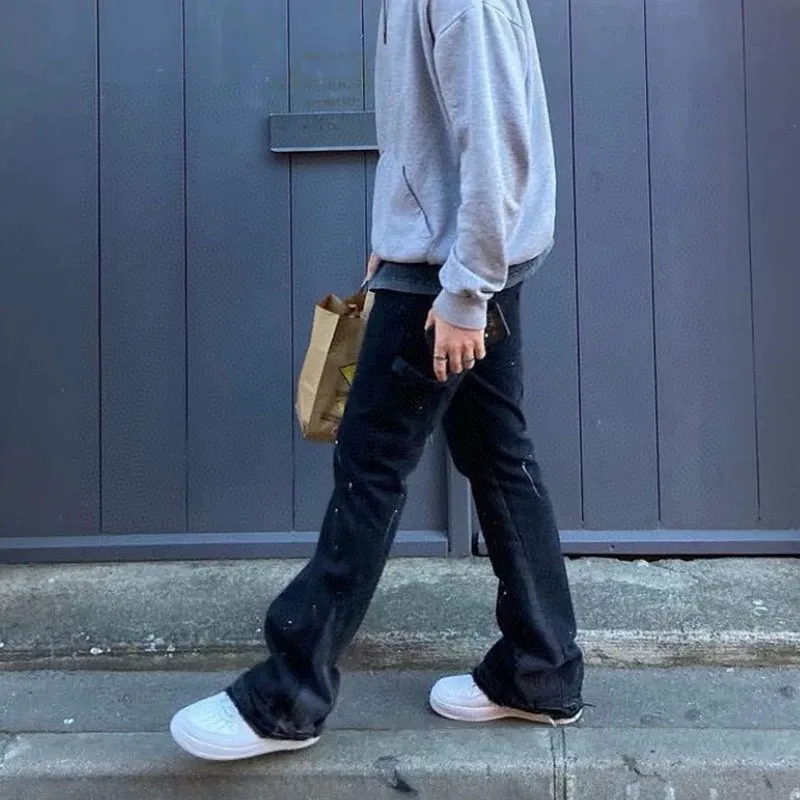 -Size upper body P220#G33 GALLERY DEPT. Spliced ​​washed retro jeans for men and women, high street splash-ink pants, micro-flared casual trousers, trendy couple, same style. Color: black. Size: S-XXL (corresponding to 28-36)
